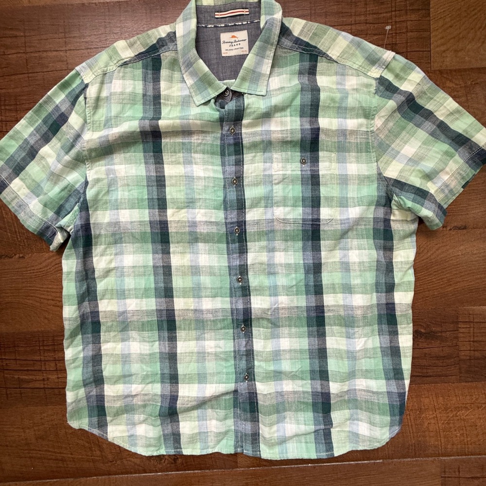 Tommy Bahama Shirt Mens 3XL Green Plaid Short Sleeve Cotton Button Down 3428W